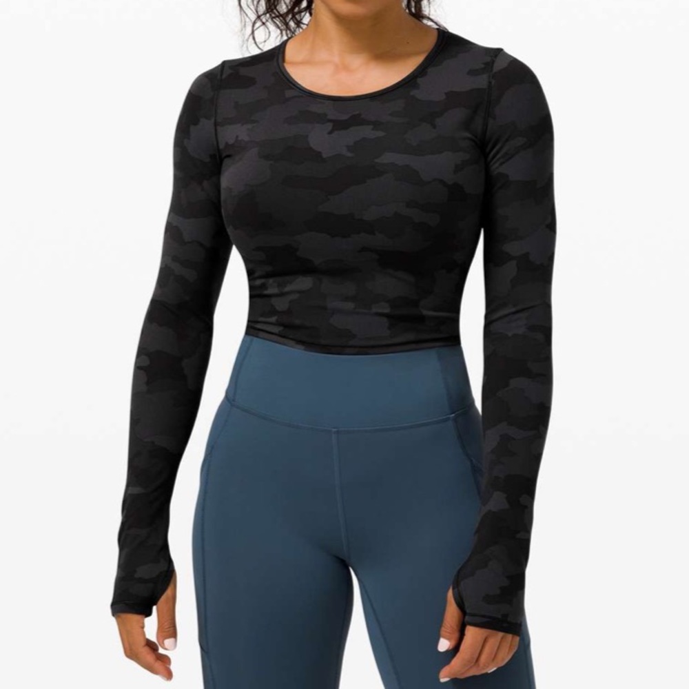 Lululemon Wunder Train Cropped Long Sleeve Heritage 365 Camo Deep Coal Multi
